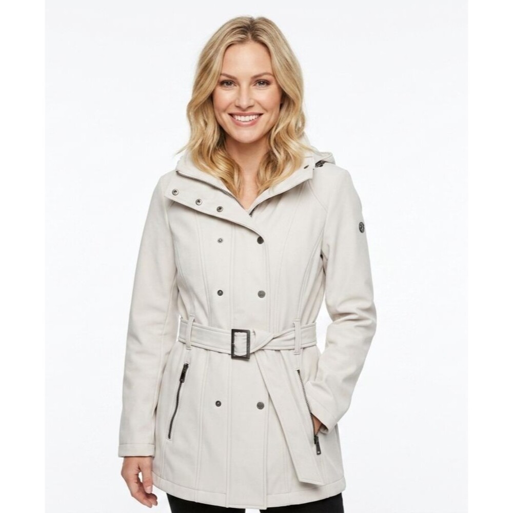 Calvin Klein Softshell Hooded Rain Jacket Trench Coat Belted White Large EUC
